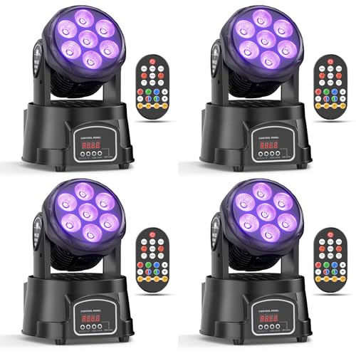 4PCS 7X15W Lyre LED RGBW 4-en-1 Moving Head Wash Disco Lumière Rotative dmx512 Disco Lumière avec Télécommande pour DJ Club Fête Bar Noël Théâtre Mariage