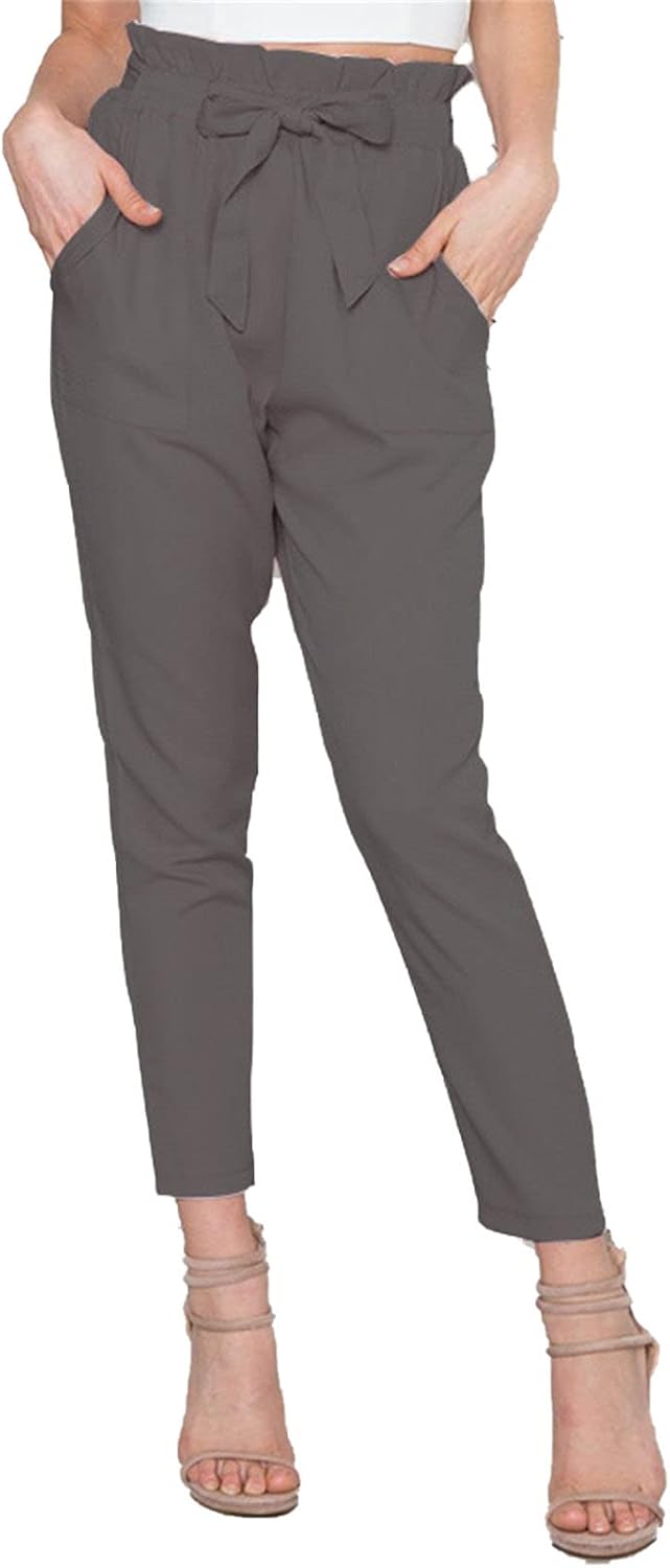 DGHM-JLMY Women's Fashion Corset Ninth Pencil Pants Cropped Paper Bag Waist Pants Pockets Casual High Waist with Bow-Knot
