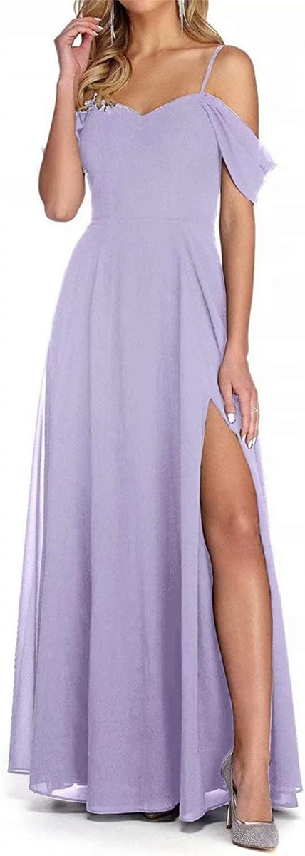 WSEYU Off Shoulder Bridesmaid Dresses Long Chiffon Formal Prom Evening Gown for Women Light Purple UK8