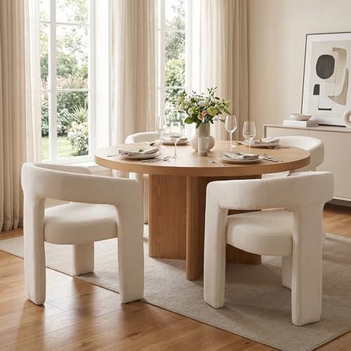 Image of HNY Modern Barrel Kitchen & Dining Room Chairs Set of 4, Chenille Upholstered Accent Chairs with Arm, 18.5'' Wide Side Armchairs Vanity Chairs for Living Room Bedroom Makeup Small Spaces, White