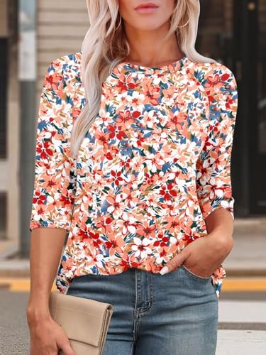 KISSMODA Tunic Tops for Women Loose Fit Dressy Round Neck Pleated 3/4 Length Sleeve Spring Tops