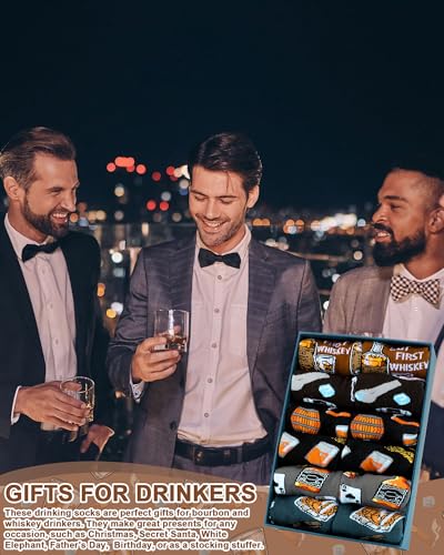 Cutecrop 6 Pairs Novelty Whiskey Socks for Men Funny Bourbon Scotch Crew Socks Drink Party Bar Birthday Gift Christmas Stocking Stuffers for Bourbon Whiskey Lovers