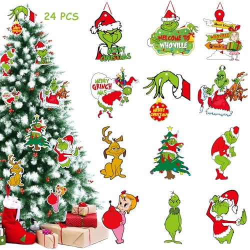 24pcs Christmas Tree Hanging Ornaments – Green Xmas Holiday Decorations