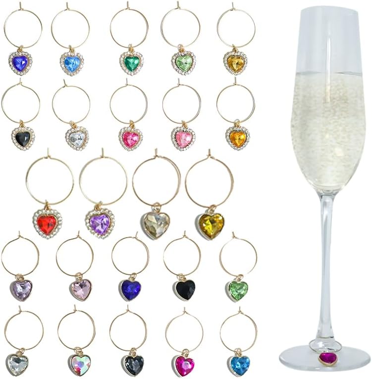 24Pcs Heart Shaped Wine Charms for Stem Glasses, Wine Glass Markers Labels for Valentines Day Wedding Christmas Tasting Party Decorations