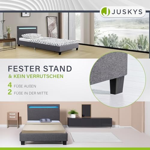 8. Bild von Juskys Polsterbett Verona 90x200 cm grau mit Matratze - Einzelbett + LED-Beleuchtung, Lattenrost & Kopfteil - Bett aus Holzgestell & Stoff-Bezug 90x200 cm