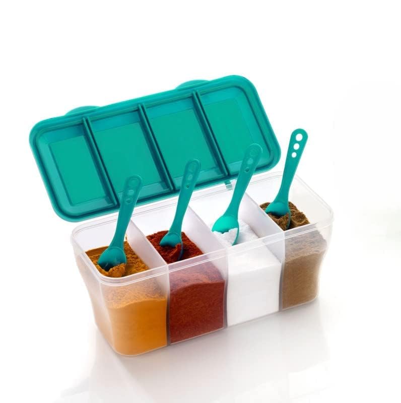 Image of Multipurpose 4 in 1 Masala Box for Kitchen | Airtight Transparent 4 Compartment Spice & Dry Fruits Storage Container with 4 Spoons, 1800ml (Multicolor)