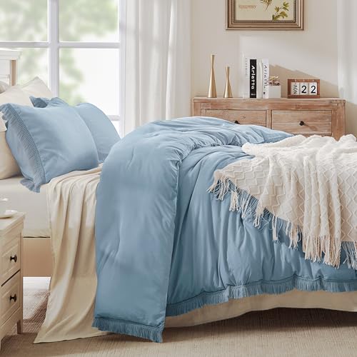 Image of Andency Grayish Blue Comforter Set Full Size, 3 Pieces Boho Tassel Lightweight Bedding Comforter Sets, All Season Soft Fluffy Fringe Bed Set (79x90In Comforter & 2 Pillowcases)