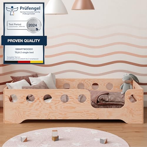 smartwood Lit Enfant 80x160 TILA 4P - lit avec sommier à Lattes - Meubles de Chambre d'enfant - lit Enfant en Bois avec Barriere - différentes Variantes - Bois Naturel - 160x80 lit Simple