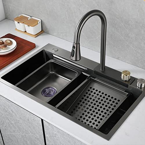HCZKIUJY Fregadero de Cocina de Acero Inoxidable 304, con diseño de Cascada Nano, para el hogar, para Verduras, Individual, con Grifo extraíble y desagüe (Black-75 * 46cm)