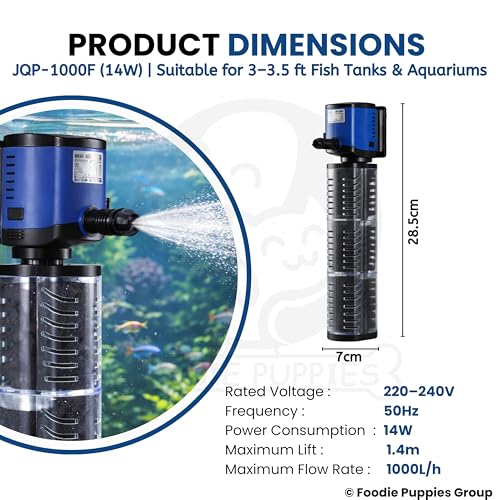Image of Foodie Puppies Aquarium Internal Sponge Filter Pump (JQF-1000F /14W) for Fish Tanks | ABS Plastic Submersible Silent Aquarium Filter with Efficient Water Filtration, Low Noise Design for Freshwater