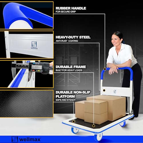 Push Cart Dolly by Wellmax, Moving Platform Hand Truck, Foldable for Easy Storage and 360 Degree Swivel Wheels with 660lb Weight Capacity, Blue Color - Thumbnail 4