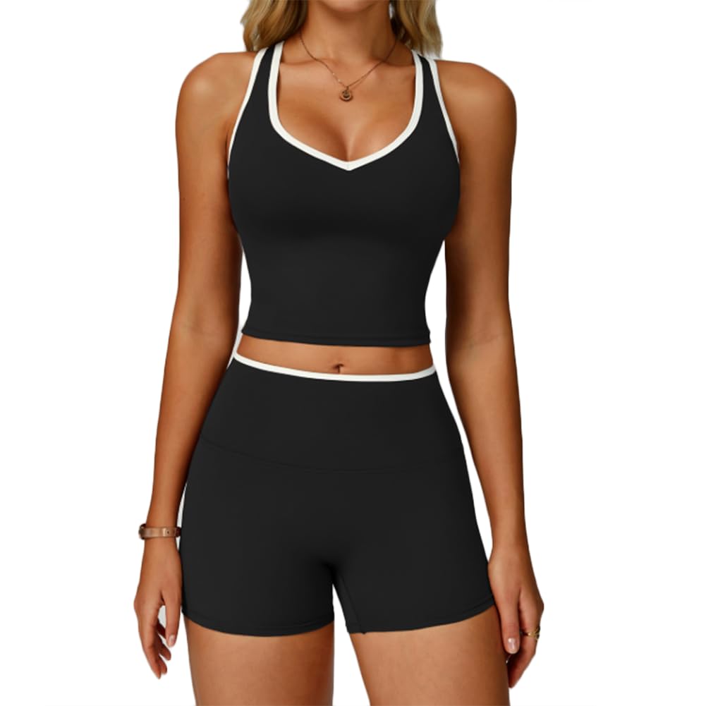 XYFfybhsd Women's 2 Piece Activewear Set Contrast Trim Sports Tank Top and High Waist Shorts Stretchy Seamless Yoga Outfits(Size:M,Color:Black 2)