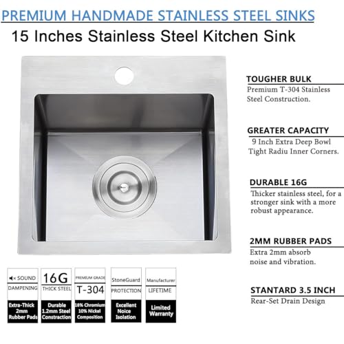 Image of SHACO 15x15 Inch Drop In Bar Sink,15 Inch Stainless Steel Top mount Small Single Bowl Kitchen Bar Sink,16 Gauge Brushed Nickel Small Kitchen Prep Sink with Strainer Drain