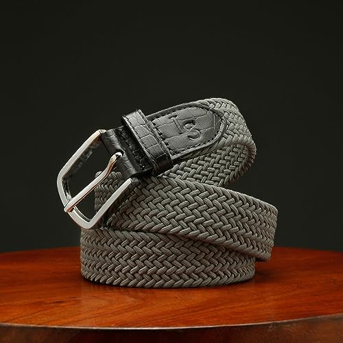 Image of LOUIS STITCH Men's Braided Elastic Stretch Belt with Leather Tipped End Stretchable Canvas Waist Band for Men Women Boys Girls Unisex (Width 3 cm) (BE-EL)