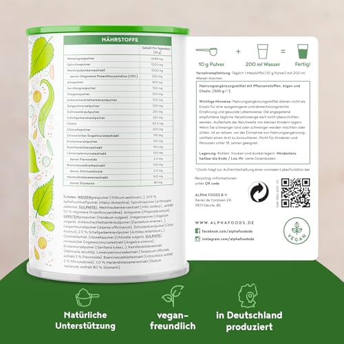 Leber Komplex Elixier 2.0 | 300g Vegan Pulver | Leberkur mit Weizengras, Spirulina, Cholin, Gerstengras, Brennnessel, Mariendistel, Löwenzahn, Chlorella | Alpha Foods