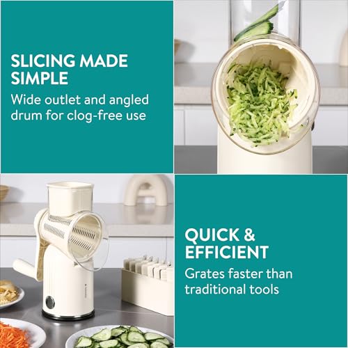 Navaris Rotary Cheese Grater w/ 5 Blades - Kitchen Vegetable Shredder for Cabbage, Carrot, Coleslaw, Cucumber - Handheld Food Slicer Graters - Retro Design with Storage Box, Cream - 3