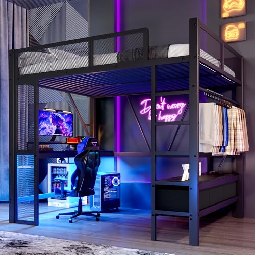 Yihomfy Lit Mezzanine 140x200 cm, Lit Superposé avec Port USB, Eclairage LED, Bureau, Armoire Ouverte et 3 Tiroirs à Linge, Lit Hauteur Enfant, Métal, Gain...