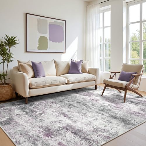 Image of BEIMO Area Rugs 8x10 for Living Room Bedroom, Modern Abstract Machine Washable Rug, Large Soft Low Pile Floor Carpet with Non Slip Backing for Dining Room, Grey /Purple