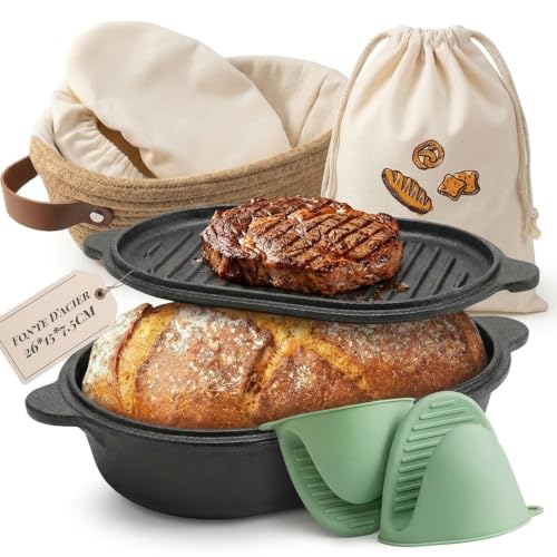 2 in 1 cocotte fonte ovale 22cm,Cocotte à Pain à Couvercle,3L Marmite Fonte