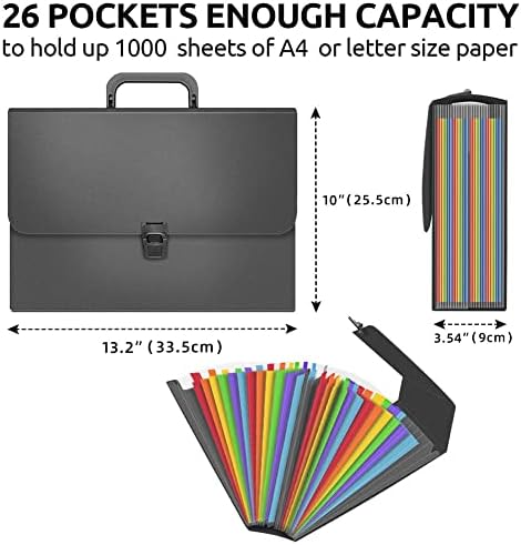 26 Pockets Expanding File Folder,Accordian File Organiser with Ergonomic Handle,Accordion Document Organisers with Tabs,Large A4 Filing Folders,Expandable Folder Organiser,Black