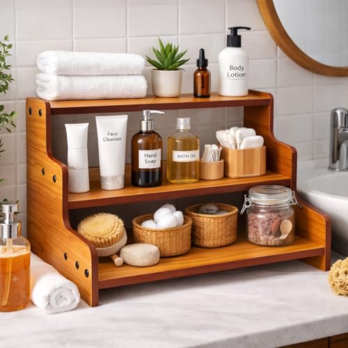 Image of 3-Tier Wooden Countertop Organizer Shelf for Kitchen Counter | Multipurpose Spice Rack Storage Stand for Bathroom, Office & Desktop | Display Shelf for Seasonings, Cosmetics, Plants