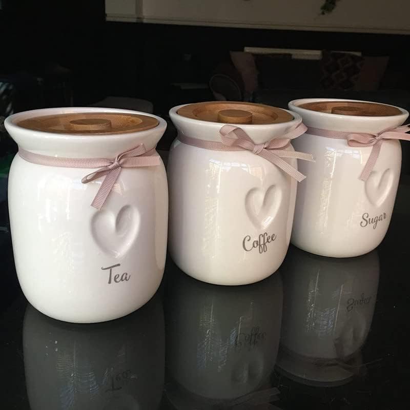DEENZ Large Tea Coffee Sugar Ceramic Canisters engraved heart kitchen