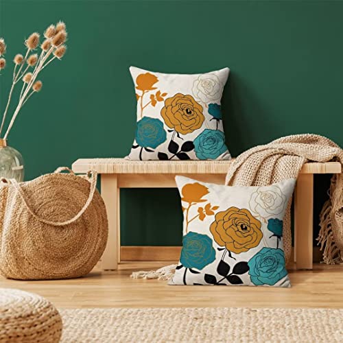 Aeioae Blue And Yellow Pillow Covers 18X18 Set Of 2 Outdoor Farmhouse Flowers Pattern Throw Pillow Linen Teal Farmhouse Cushion Cover Outdoor Decor For Home Living Room Bedroom Sofa #TOP2