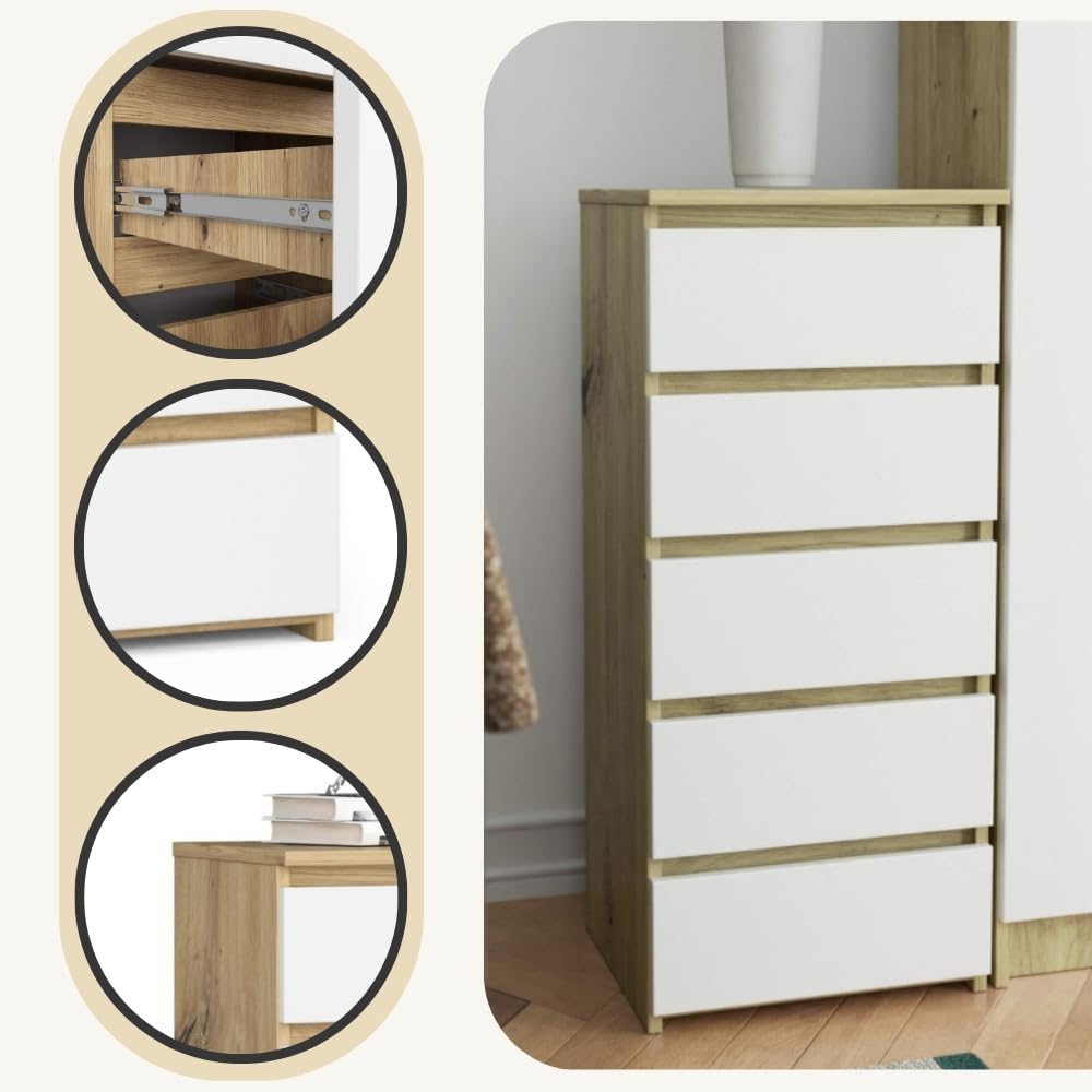 AKORD | Cómoda con 5 cajones | Cómoda Alta | Mueble Moderno para Sala de Estar, Comedor, Dormitorio, Entrada, baño | Armario para habitación Infantil | 35x40x92 cm | Roble Artisan & Blanco Frente