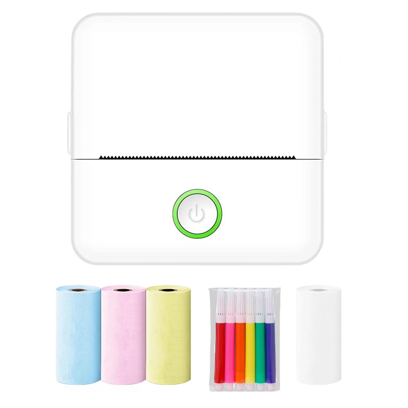 Juego de mini impresora portátil, impresora térmica inalámbrica con 4 rollos de papel, 6 bolígrafos de acuarela y calcomanías, impresora de bolsillo sin tinta para estudiantes, color blanco