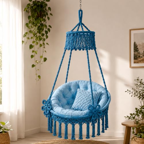 Image of Premium King Size Hammock Chair Swing with Cushion, 200kg Capacity | Indoor Outdoor Heavy Duty Adults & Kids Hanging Jhula for Home, Garden, Patio & Balcony | 1 Year Warranty (Sky Blue)