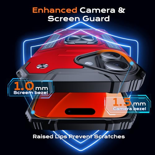 Image of Anqrp Heavy Duty Case for iPhone 16 Case with Enhanced Ring Holder Grip Stand, Military Grade Shockproof Rugged Drop Protective Silicone Hard Slim iPhone 16 Phone Case Cover,Corail Red