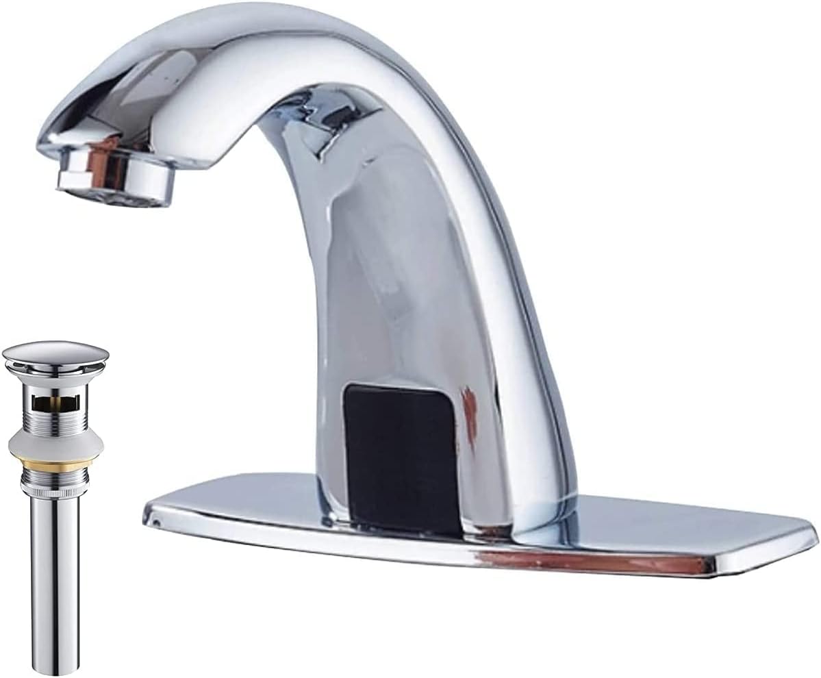 Automatic Sensor Touchless Bathroom Sink Faucet Chrome Pop Up Drain with Overflow Include Electronic Bathroom Faucet Motion Activated Hands-Free Vessel Sink Tap Brass Battery or Plug Powered