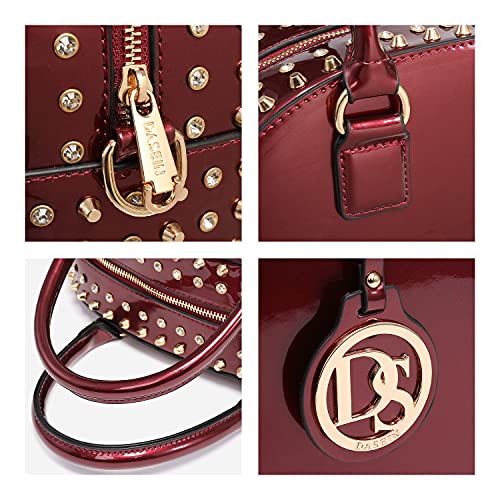 Dasein Patent Rhinestone Handbags For Women Studded Dome Zip Around Shoulder Bags Designer Purses, Color-Red #TOP4