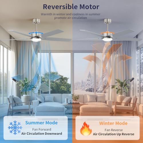 Image of 52 Inch Ceiling Fans with Lights and Remote for Bedroom Living Room Kitchen Home Office Indoor /Outdoor, 18W 3CCT Dimmable, Dual Color 5 Blades 6 Speed Reversible Quiet DC Motor, Sand-nickel /Wood Grain