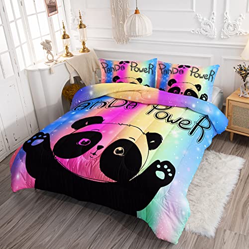 Bsntho Cartoon Panda Comforter For Girls Twin Size,Rainbow Kids Comforter Set,3Pcs Printed Bedding Set Comforter With 2 Pillowcases,Soft And Lightweight,For All Seasons #TOP1