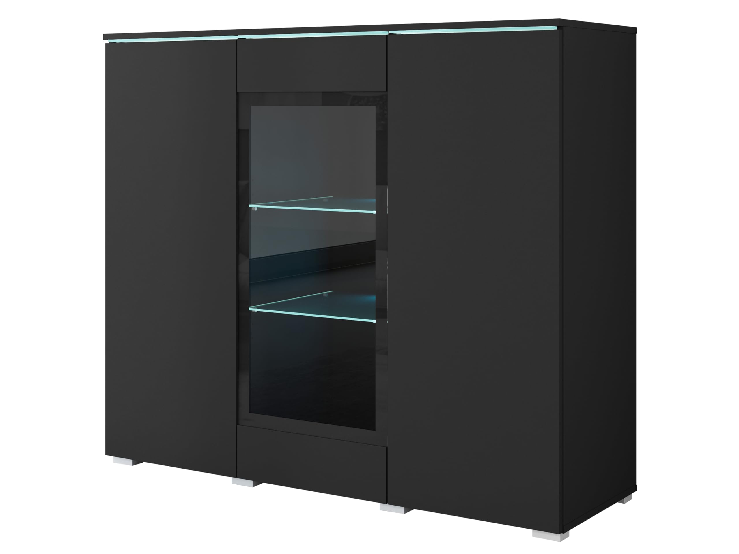 Vera 120 credenza per soggiorno, cassettiera, 3 porte, illuminazione a LED opzionale, armadio di stoccaggio (con LED, nero opaco)