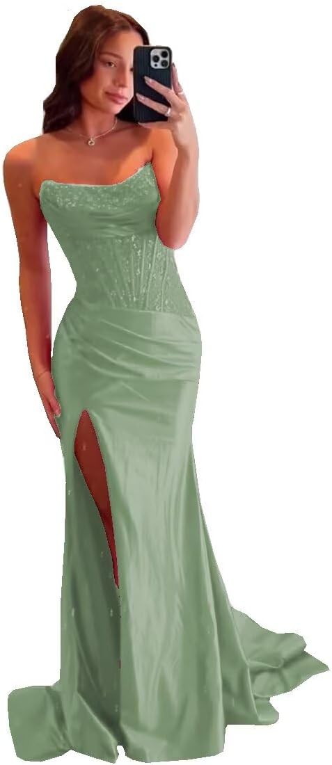 Lorencia Long Strapless Pleats Satin Prom Dress with Split Empire Waist Corset Mermaid Formal Gowns LN021