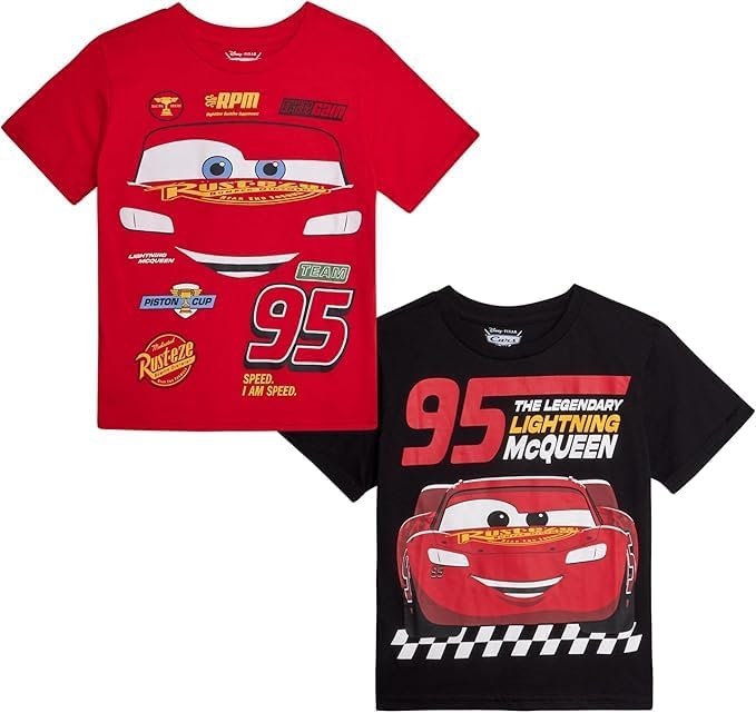Disney Cars Boys Shirts - 2 Pack Lightning McQueen Long or Short Sleeve Crewneck Boys Graphic Tees for Toddler & Kids (2T-7)