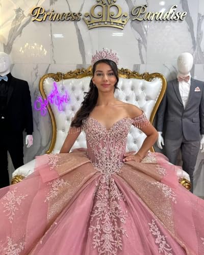 Mauuwy Off Shoulder Quinceanera Dresses Layered XV Sweet 16 Dresses with Tassels Beaded Vestidos De 15 Años with Bow2