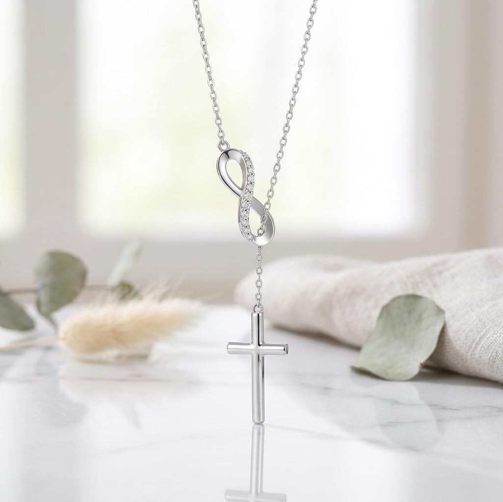 Diamond Infinity Cross Y Necklace for Women Mom Wife, 925 Sterling Silver Infinity Lariat Drop Necklace Lab-Grown Diamonds Faith Pendant Jewelry Gift for Birthday Christmas 18+2inches