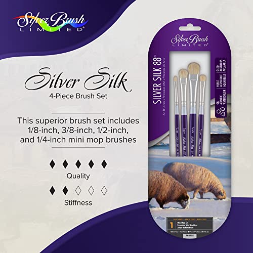 Silver Brush Limited Sk-8111S Silver Silk 88 Mini Mop Brushes, Artist Brushes For Acrylic, Watercolor, Gouache, And Oil Color Short-Handle Art Brushes, 4-Piece Set #TOP2