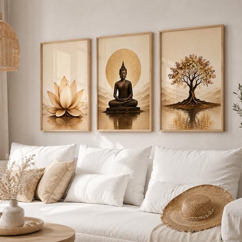Image of Set of 3 Buddha Wall Art Paintings for Living Room | Lotus Flower & Tree of Life Spiritual Wall Decor | Meditation Zen Wall Paintings for Home, Bedroom, Office & Meditation Room (13x19 Inches)