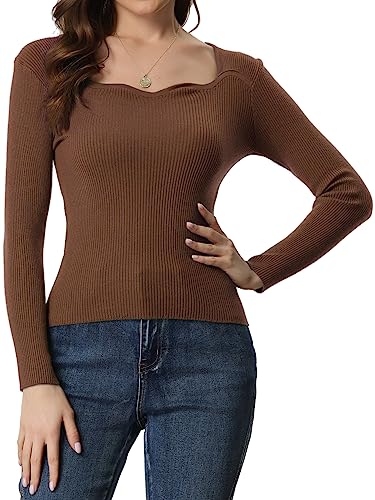 Image of Allegra K Women's Casual Sweetheart Neck Sweater Long Sleeve Top Slim Fit Pullover Sweater Medium Brown