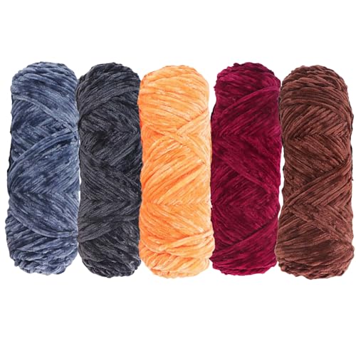 5pcs Yarn Velvet Knitting Yarn Super Soft Crochet Ball Craft Multi Colors(Blue,Grey,Red,Brown,Orange), Ideal for Beginners Kids Crafts