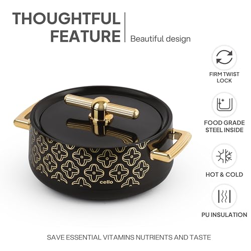 Image of CELLO Jewel NX Insulated Casserole Set of 3 Pcs (500ml, 1000ml, 1500ml) Black | Double Wall Insulated Hot Pot Case Keeps Food Hot & Warm For Long Hours, Casserole Hot Pot Set For Roti, Chapati, Rice