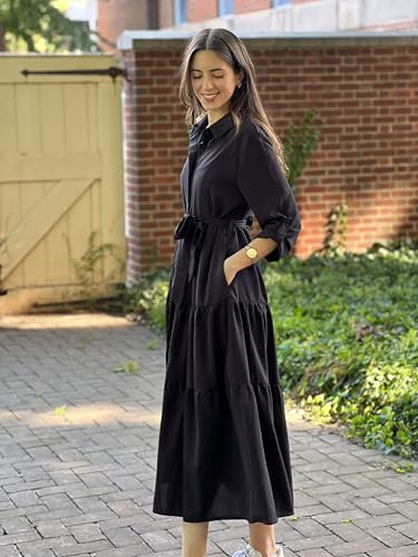 ECOWISH Women's Maxi Shirt Dress - 2025 Long Sleeve Button Casual Fall A-line Work Tiered Dresses with Belt and Pockets4