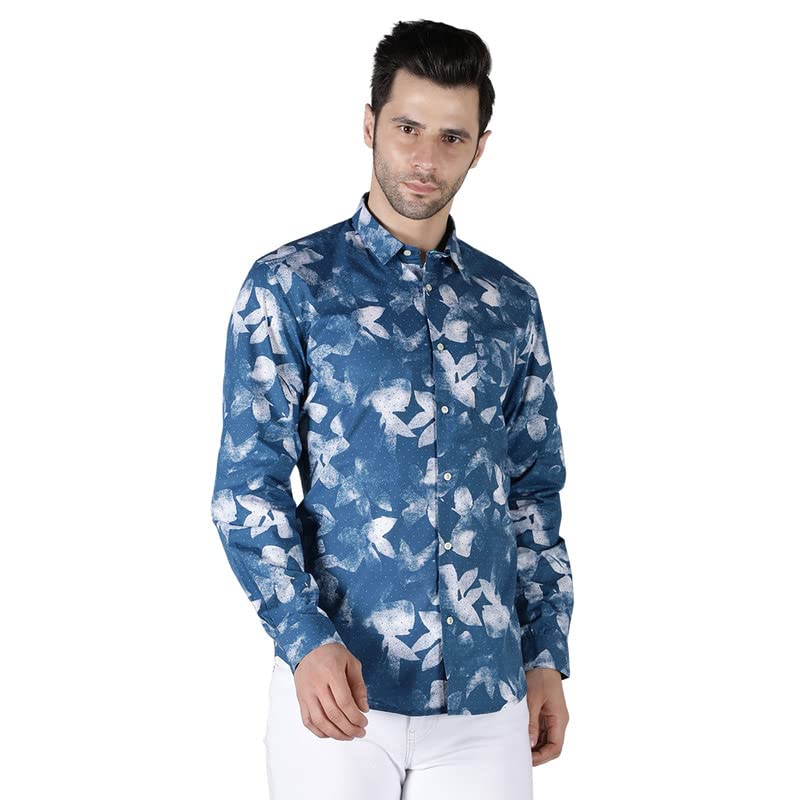 A for August ( with Device of AAA) Indian Pride Men's Cobalt Foliage Printed Cotton Long Sleeves Casual Shirt