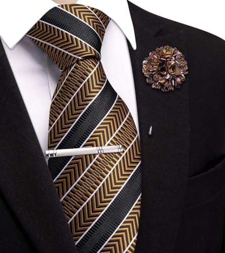 Image of Hi-Tie 63 inches Striped Paisley Extra Long Ties for Men Silk Necktie with Lapel Pin Tie Clip Big and Tall Men Formal Wedding