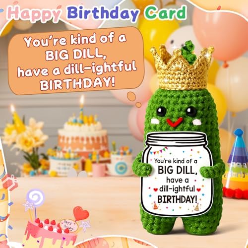 MAMAGIFTREE Birthday Gifts for Women Men Crochet Pickle, Funny Dill Pickle Plush with Crown and Card, Cute Birthday Desk Decor for Mom Dad Coworkers Friends - 3