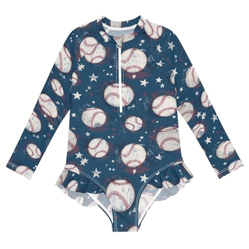 ALAZA Retro Baseball Star Vintage Girls One Piece Swimsuit Long Sleeve Rash Guard Swimsuits UV 50+ Swimwear Zipper